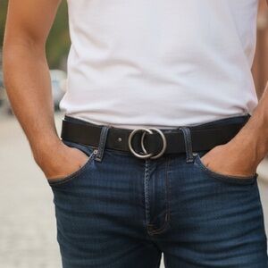 Men’s Black leather Belt with Metal Double Ring Buckle 28"-31" waist